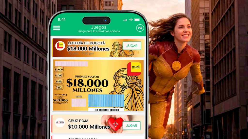 Celular con billete del Gran Sorteo Dorado de la Lotería de Bogotá para Súper Mamá