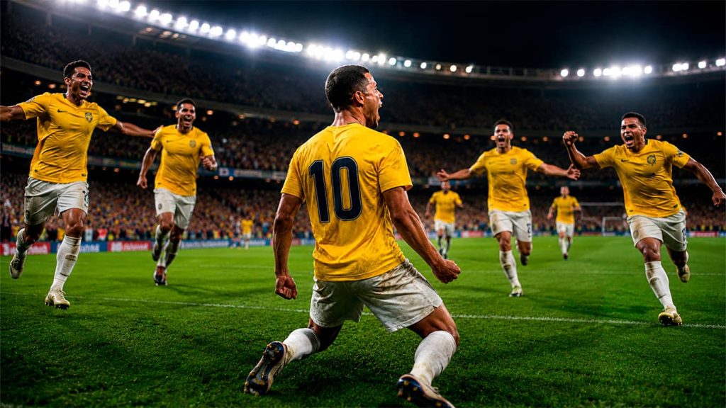 Jugador con camiseta amarilla celebrando un gol en ambiente mundialista para el Extra de Colombia