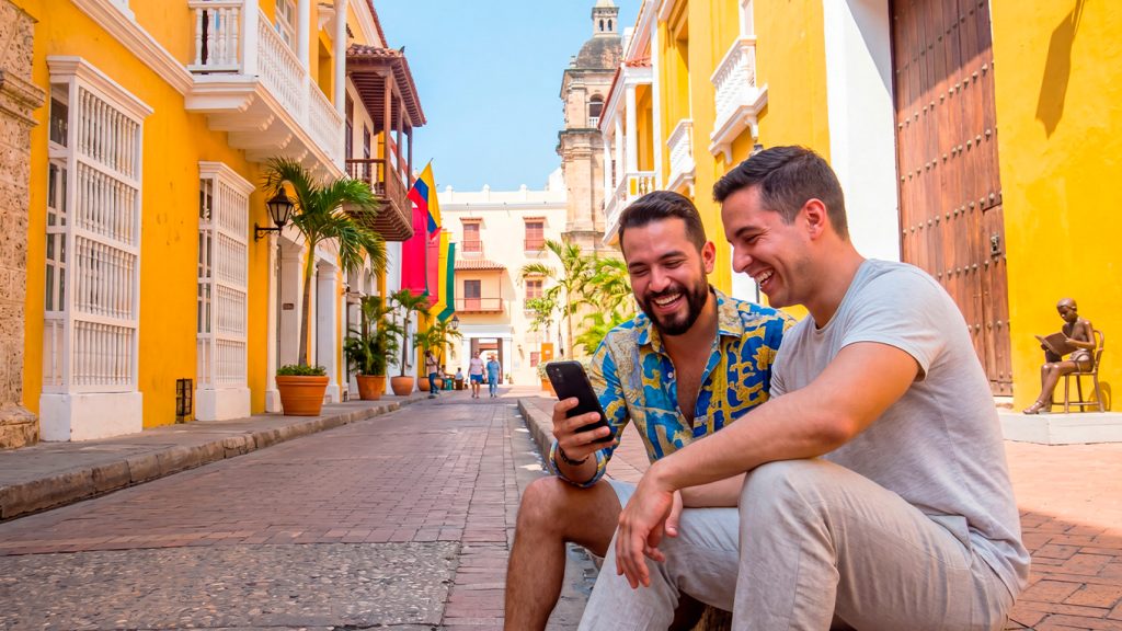 Dos personas sonríen mirando un celular en una calle colorida, inspirando los colores de la suerte para elegir una jugada.