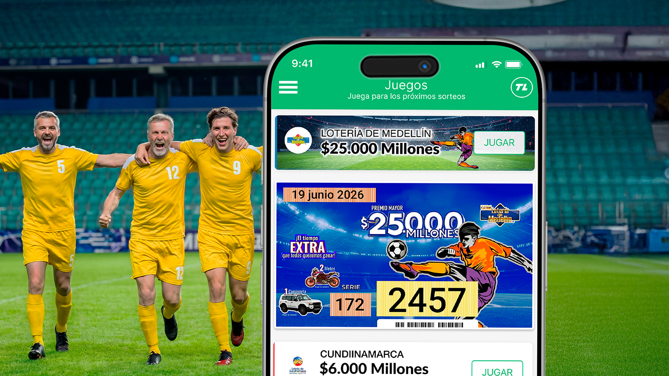 App de TuLotero con el Extra lotería de Medellín y ambiente futbolero