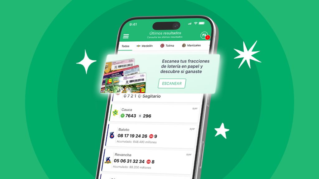 Pantalla de celular para escanear una fracción de lotería y consultar si tiene premio.
