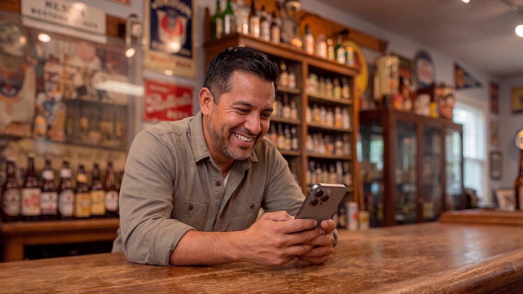 Hombre revisando su celular en un bar por el Día Internacional de la Cerveza