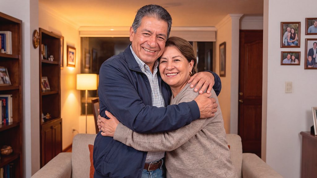 Pareja celebrando en casa un premio de la Lotería de Bogotá