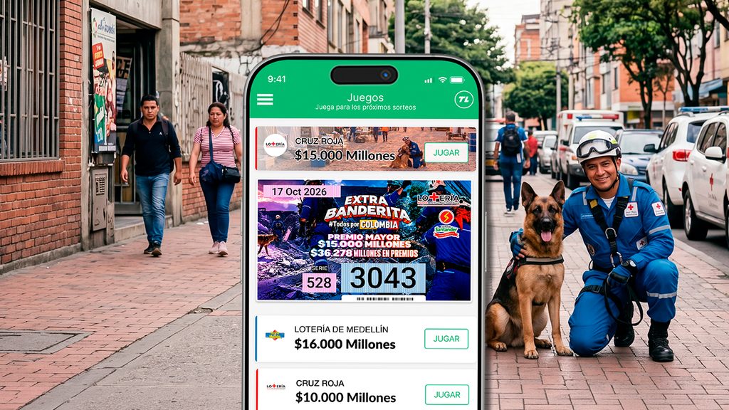 App de TuLotero abierta en un celular para jugar al Extrabanderita 2026, con buses al fondo