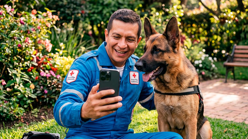 Hombre de cruz roja con un perro para hablar del sorteo Extrabanderita 2026 de Cruz Roja y Santander 