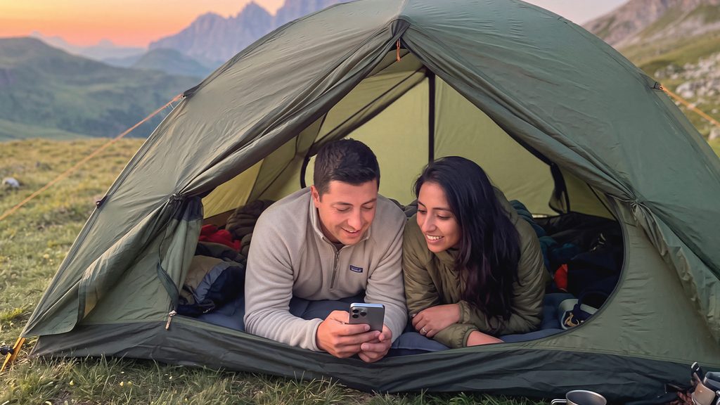 Pareja mirando un celular en una carpa de montaña, ilustrando las loterías del martes 13.