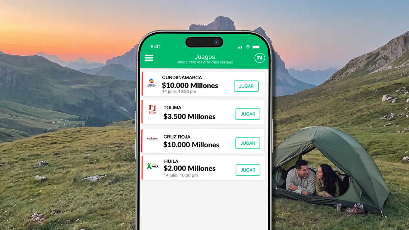 Celular con la app de TuLotero para consultar las loterías del martes 13, con montañas al fondo.